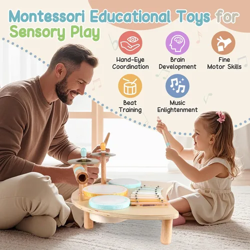 Miniatura 3 de Juego de batería Montessori para niños pequeños de 1 a 3 años, kit de batería de madera para bebé con xilófono, juguetes de música preescolar
