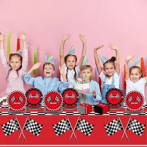 Miniatura 7 de 98 piezas de suministros de fiesta de coches de carreras rojos, servilletas, manteles de carreras, juego de vajilla de carreras con bandera a
