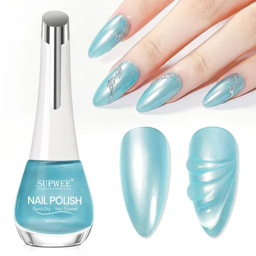 Esmalte de uñas azul y verde, 0.6 onzas líquidas, esmalte de uñas de perlas nacaradas de secado rápido, efecto sirena brillante, esmalte de uñas