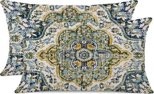 Miniatura 21 de Juego de 2 fundas de almohada impermeables para exteriores de 16 x 16 pulgadas, patrón de alfombra bohemio vintage, diseño étnico negro y gris