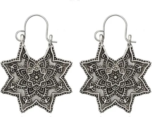 Aretes de loto boho para mujer, aretes de aro de plata de ley 925, aretes étnicos de gota esmaltados, aretes vintage para decoración de fiesta de