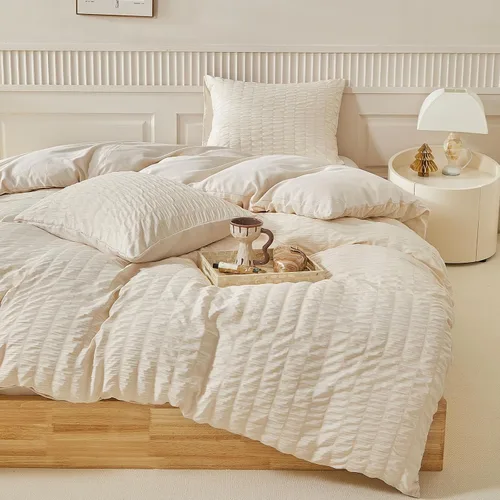 Miniatura 9 de WARMDERN - Juego de funda de edredón tamaño Queen, juego de ropa de cama de 3 piezas de microfibra lavada color beige, funda de edredón con textura