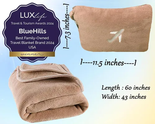 Miniatura 5 de BlueHills Paquete de 2 Mini Mantas de Viaje de Felpa Suave Premium, Almohada, Esenciales de Avión para Dos en Bolsa, Viaje en Vuelo, Mantas de Avión