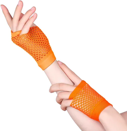 Miniatura 4 de TecUnite 12 pares de guantes de red sin dedos de color neón y 100 pulseras de gelatina de silicona multicolor, lazos luminosos para varias fiestas