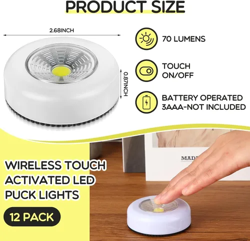 Miniatura 2 de Macarrie Paquete de 12 luces LED inalámbricas de disco, iluminación debajo del gabinete, luz táctil portátil de 70 lúmenes, funciona