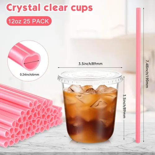 Miniatura 3 de Ziliny Juego de 25 vasos de plástico transparente con pajitas y tapas en forma de corazón, tazas desechables para café helado, bebidas frías, día