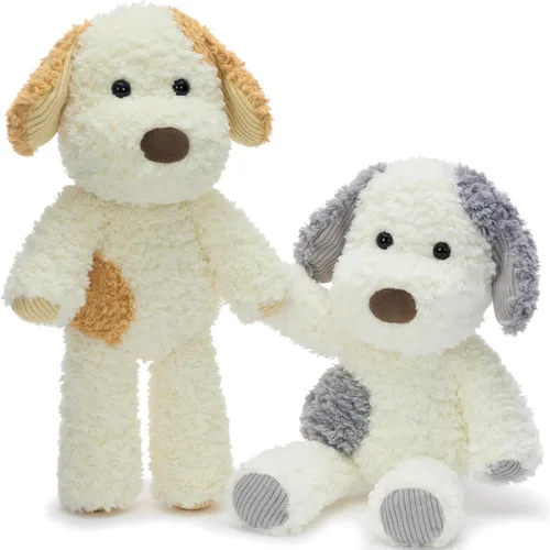 MorisMos Juego de 2 peluches para perros, juego de juguetes de peluche para cachorros de 11.8 pulgadas, peluches suaves de perro gris y amarillo