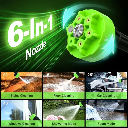 Miniatura 3 de Lavadora a presión inalámbrica de 1000 PSI, lavadora de energía con motor sin escobillas de 21 V y 4.0 Ah, con boquilla 6 en 1, presión de 5 Verde