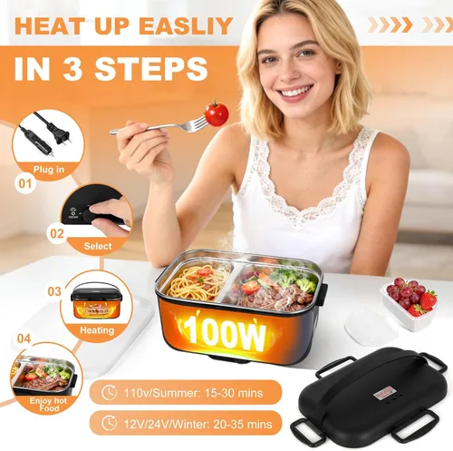 Miniatura 4 de Fiambrera eléctrica calentador de alimentos 1.8L - 100W Control mecánico de temperatura para adultos, 12V/24V/110V Fiambrera de calentamiento rápido