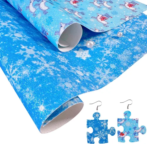 Miniatura 4 de Sábanas de piel sintética con estampado de copos de nieve de Navidad, 8 x 12 pulgadas, tela brillante con purpurina fina para lazos, manualidades