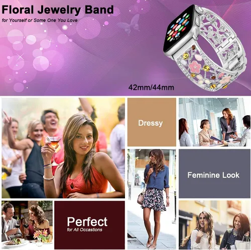 Miniatura 6 de Pulsera Floral Compatible con Apple Watch Banda de 1.65, 1.73, 1.77, 1.81 y 1.92 pulgadas, iWatch Series 11 10 9 8 7, Correa de Metal Hueca