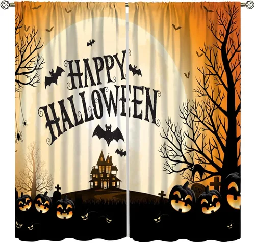 Miniatura 10 de Cortinas de Halloween naranja y negro de telaraña para sala de estar y dormitorio, decoración de panel de cortina de puerta para decoración
