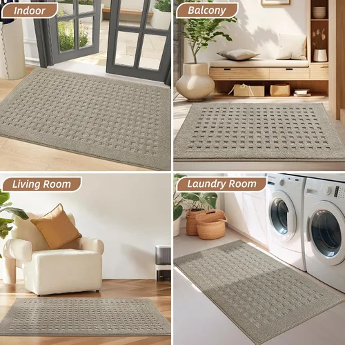 Miniatura 8 de BEQHAUSE Tapetes para puerta de 20 x 32 pulgadas, tapete antideslizante de punto gofre, de perfil bajo, resistente a la suciedad y absorbente, Beige
