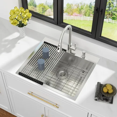 Miniatura 2 de Kichae - Fregadero de cocina de 25 pulgadas de caída, fregadero de cocina de acero inoxidable de 25x22, calibre 16, fregadero de cocina de un solo