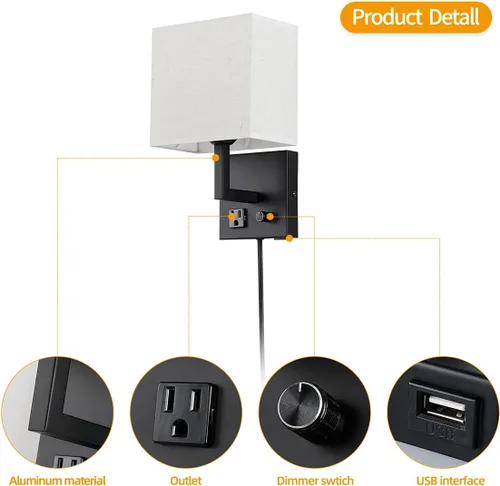 Miniatura 2 de Aplique de pared enchufable, lámpara de pared de cabecera con enchufe e interruptor regulable, con puerto de carga USB y enchufe, adecuado para Negro