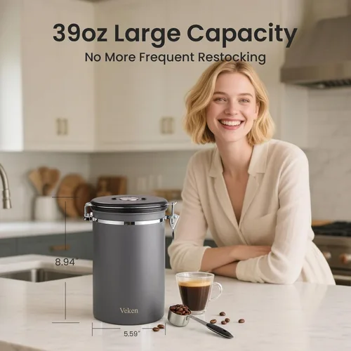 Miniatura 2 de Veken Recipiente para café, 39OZ grande, contenedor hermético de acero inoxidable para almacenamiento de alimentos para 2.2lbs de café en grano, Gris