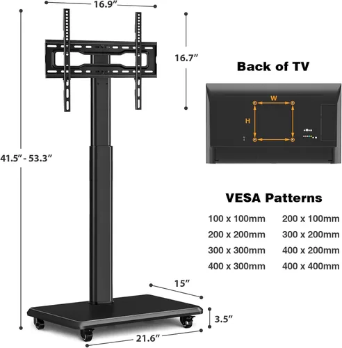 Miniatura 8 de TVON Soporte de TV móvil para televisores de 32 a 70 pulgadas, elegante soporte de TV de piso con ruedas, carro de TV móvil con 9 niveles de ajuste