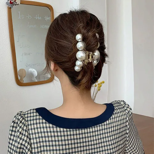 Miniatura 4 de Pinzas grandes de perlas para el cabello para una sujeción fuerte, pinzas antideslizantes de color champán para cabello grueso y fino, moda diaria