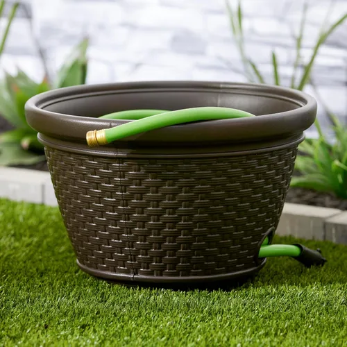 Miniatura 5 de Suncast Paquete de 2 macetas decorativas de mimbre para manguera de jardín con 4 agujeros de drenaje para mangueras de 100 pies, Java