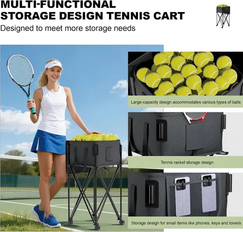 Miniatura 2 de Tolva de pelota de tenis para 120 pelotas, cesta de pelota de tenis con bolsa de almacenamiento extraíble, carrito de pelota de tenis con ruedas
