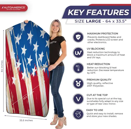 Miniatura 2 de Autoamerics Parasol para parabrisas de 1 pieza con bandera de Estados Unidos, diseño de 1 estadounidense, plegable, para la mayoría de los sedanes