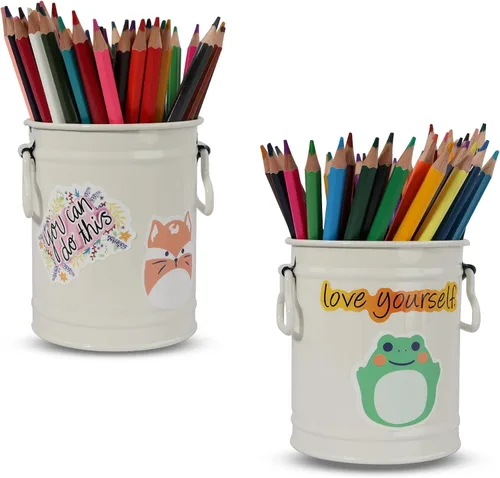 Miniatura 8 de Soporte para bolígrafo para escritorio con 60 piezas de animales lindos y 50 calcomanías inspiradoras, soporte para lápices de hojalata, organizador