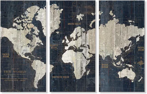 Goldfoilart Lienzo decorativo vintage con mapa del mundo azul, arte para pared, póster grande en blanco y negro, decoración para sala de estar,