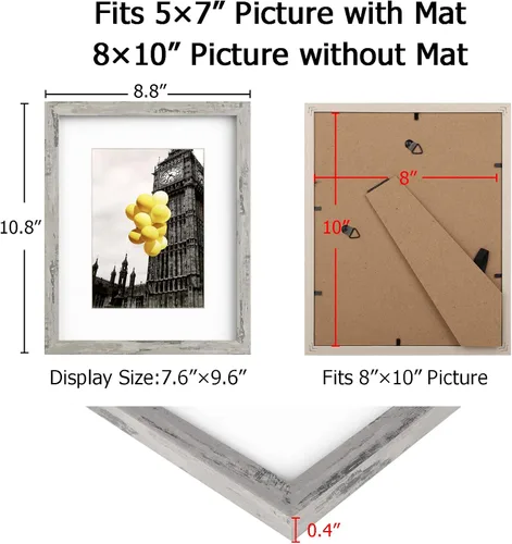 Miniatura 6 de Portarretratos de 8 x 10 pulgadas, color gris envejecido, paquete de 2 unidades, para exhibir imágenes de 5 x 7 pulgadas con paspartú o de 8 x 10
