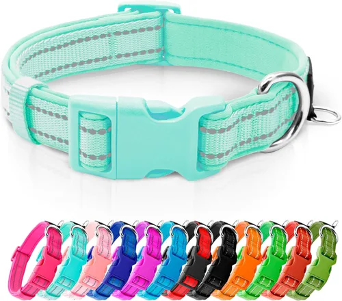 Miniatura 7 de azuza Collar reflectante para perro, de neopreno suave acolchado con anillo para etiqueta de identificación, ajustable para perros pequeños, azul