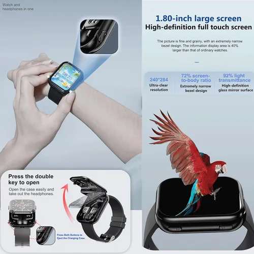 Miniatura 2 de Tuanzi Reloj inteligente T1 2 en 1 con auriculares inalámbricos 1.8 pulgadas HD Fitness Tracker con monitor de frecuencia cardíaca 19 modos