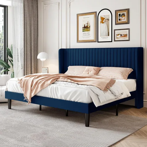 Miniatura 24 de SHA CERLIN Marco de cama de terciopelo tamaño completo con cabecera de respaldo alto con capitoné de canales verticales, cama plataforma tapizada