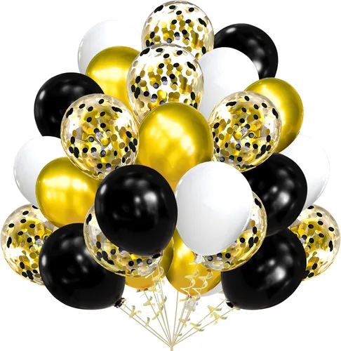 AULE Globos de látex metálicos dorados y blancos de alta calidad, paquete de 60 globos de confeti de 12 pulgadas y oro negro con cintas doradas,
