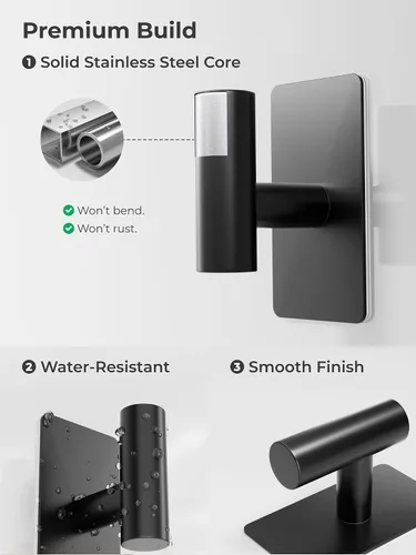 Miniatura 4 de GWAAZXGZ Ganchos para toallas de baño, paquete de 2, acabado negro mate, ganchos de pared adhesivos de acero inoxidable en forma de T para batas