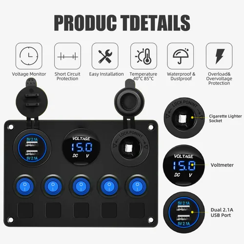 Miniatura 2 de Panel de Interruptores Basculantes Marinos de Barco de 5 Posiciones Azul Mejorado con Disyuntores, Panel de Interruptores Impermeable con Fusible