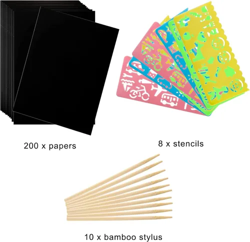 Miniatura 3 de ZEAYEA Juego de 200 piezas de papel para rascar, papel mágico para raspar con 10 lápices ópticos, 8 plantillas, notas negras para raspar para niños