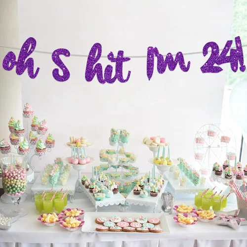 Miniatura 6 de Oh S*it I'm 10! - Pancarta de fondo con purpurina morada Hello 10 Cheers to 10 años de edad, decoración temática para niños y niñas, suministros
