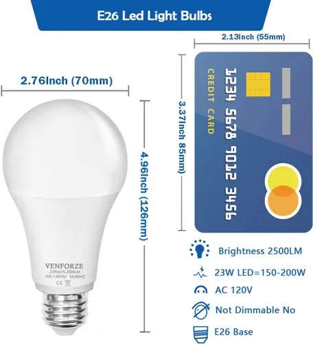 Miniatura 4 de Venforze Bombilla brillante, equivalente a 150 W-200 W, 2500 LM, E26, bombilla LED 23 W, luz diurna blanca, 5000 K, A21, no regulable, paquete de 2