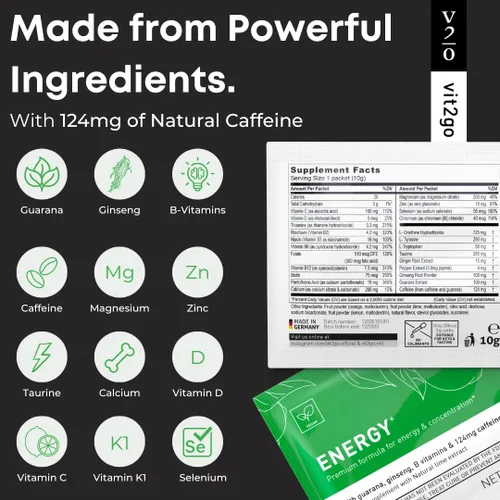 Miniatura 2 de Mezcla de bebida energética natural, 124 mg de cafeína de ginseng y guaraná, sin azúcar, polvo pre-trabajo sin choques, vitaminas B, magnesio