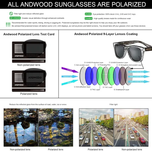 Miniatura 7 de ANDWOOD Gafas de sol de madera polarizadas para hombres y mujeres, protección UV, marco de bambú de madera, gafas de sol espejadas