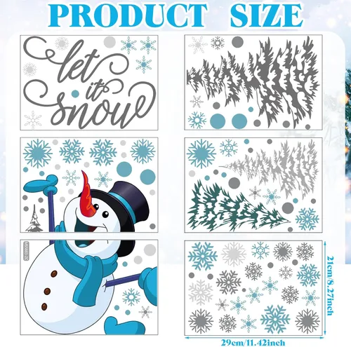 Miniatura 2 de Soaoo 63 calcomanías de pared de invierno, calcomanías de copos de nieve, calcomanías extraíbles de muñeco de nieve de Navidad, arte de pared