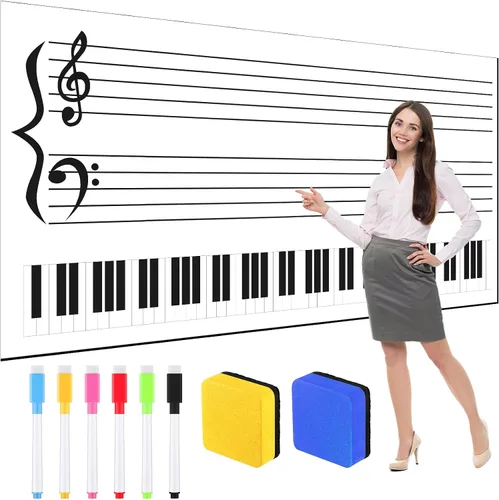 Miniatura 8 de Teling 9 piezas de 45.5 x 17 pulgadas, borrado en seco, hoja magnética para profesores, músicos, estudiantes, personal musical, 6 marcadores, 2