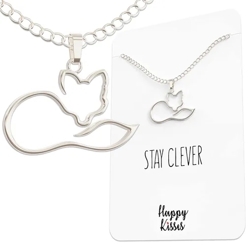 Happy Kisses Collar de zorro Colgante con mensaje "Stay Clever" Bonito regalo para cualquier mujer o niño que ama a los zorros, 18", Metal