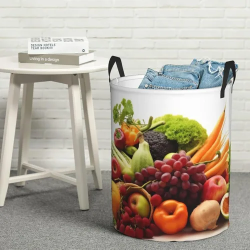Miniatura 8 de Cesta circular con estampado de verduras y frutas, impermeable, cesta organizadora de ropa, con asas, para ropa, juguetes, pequeña
