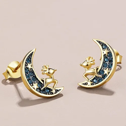 Miniatura 4 de Pendientes de tuerca de luna aretes de oro aretes de plata de ley ciervos cervatillos bonitos aretes de estrella para mujer con caja de regalo