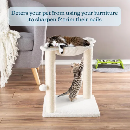 Miniatura 4 de PETMAKER - Poste rascador para gatos de 19 pulgadas con hamaca. Árbol pequeño de tela de sisal y alfombra, juguete de bola colgante para gatos Blanco