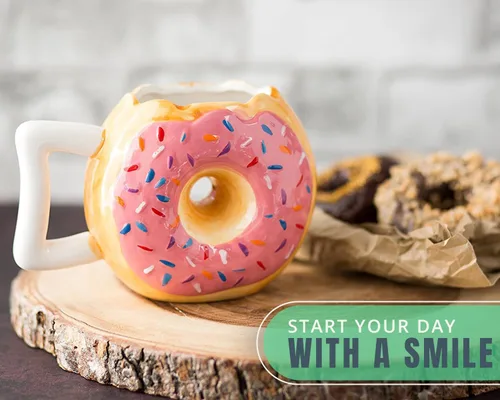 Miniatura 4 de Comfify Taza de cerámica con forma de dona – Esmalte rosa con chispas – Divertida cita "MMM... Donuts!" – Taza de café de 14 onzas para té