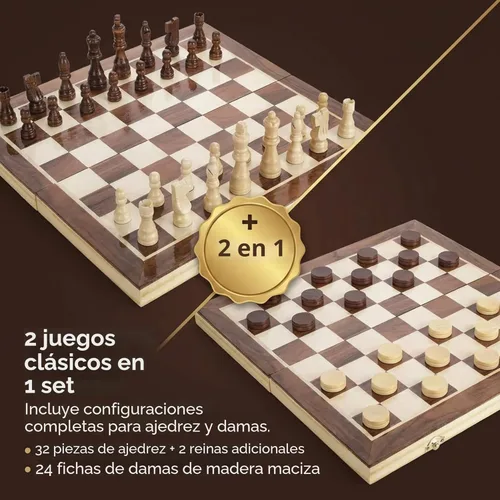 Miniatura 2 de Juego de ajedrez magnético de madera y juego de mesa de damas, tablero de ajedrez plegable de 15 pulgadas Juego de mesa 2 en 1 de madera maciza