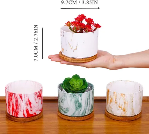 Miniatura 3 de 4 macetas de cerámica para suculentas estilo marmoleado de 4 pulgadas con bandejas de bambú (coloridas)