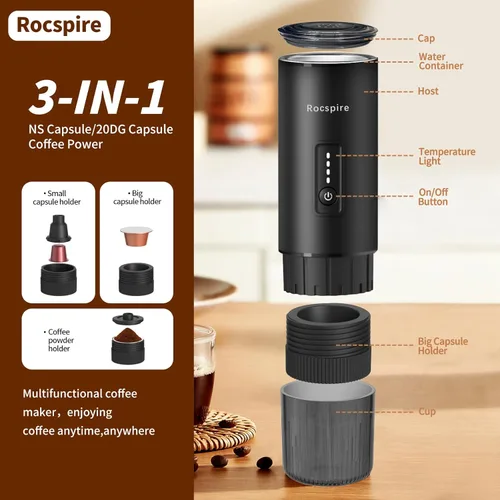 Miniatura 3 de Cafetera de café espresso portátil 3 en 1 de 20 bares, de acero inoxidable, se adapta a cápsulas de café molido y Nespresso USB-C recargable