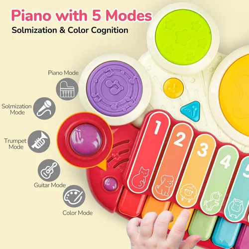Miniatura 8 de AugToy 3 en 1 juguetes musicales para niños pequeños de 1 a 3 años, juego de piano, xilófono y tambor, juguetes para niñas de 1, 2 y 3 años de edad